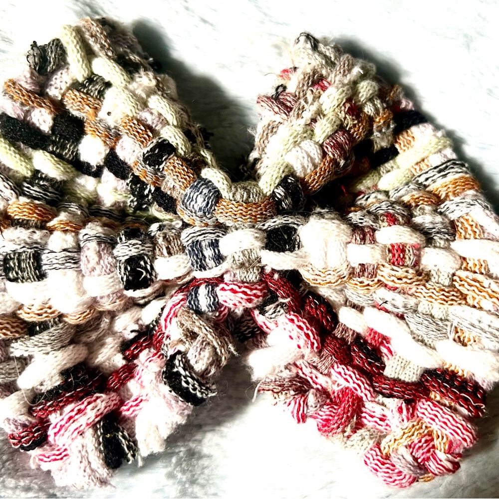 Pastel Beige- Burgundy LARGE Hand Woven Rag Style HAIR BOW 4 inch French Barette